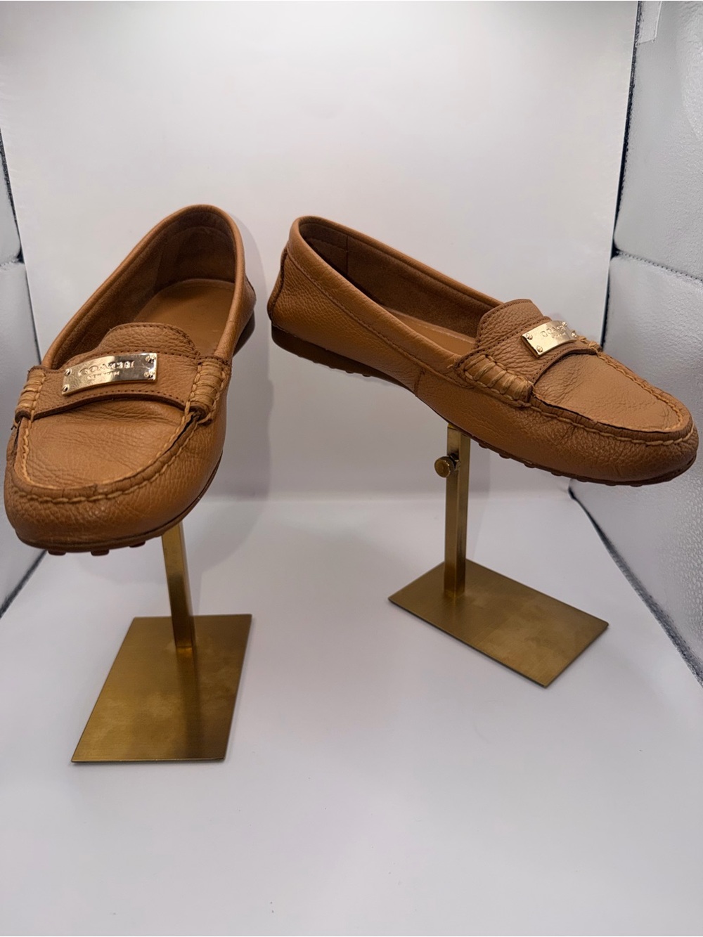Coach Women's Tan Leather Moccasin Loafers with Gold Plaque